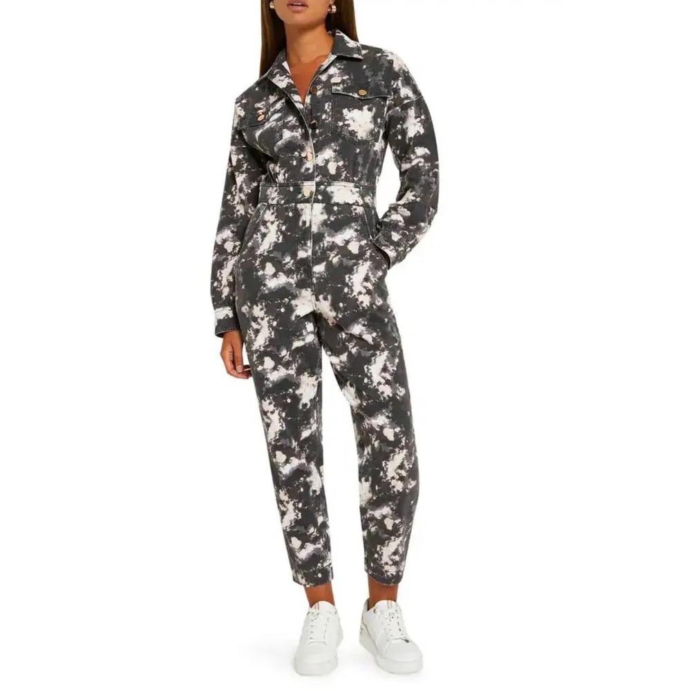 River‎ Island Tie Dye Denim Boiler Suit Jumpsuit Gray White US 4